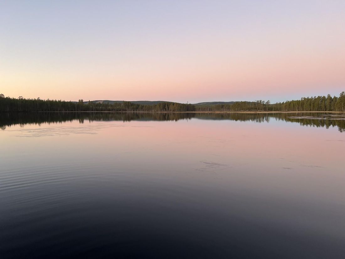 A still Nordic lake at dusk, forest reflected on the water